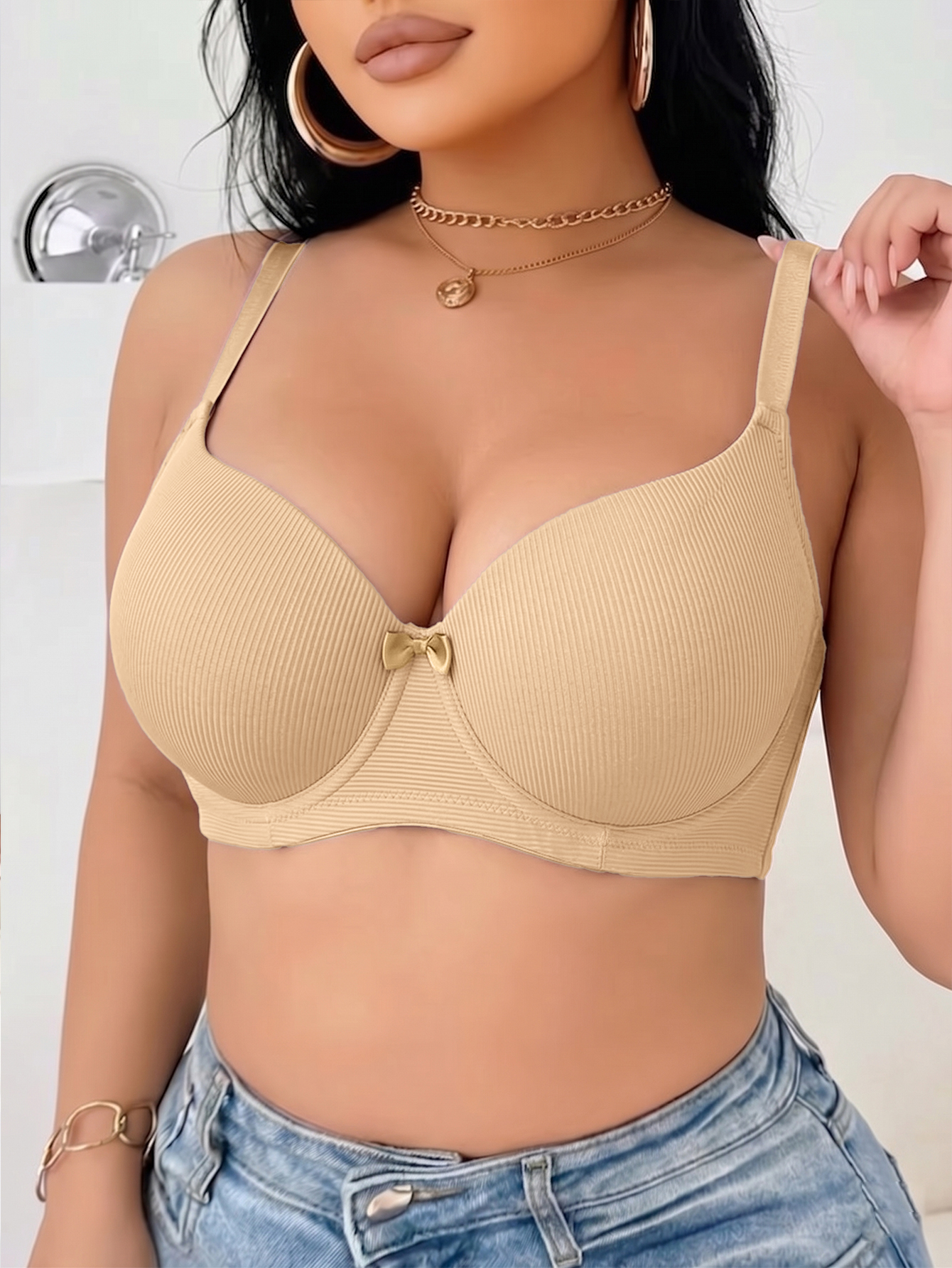 Plus Size Ribbed Women Bra Thi - đánh giá và giá Plunge Bra Push Up
